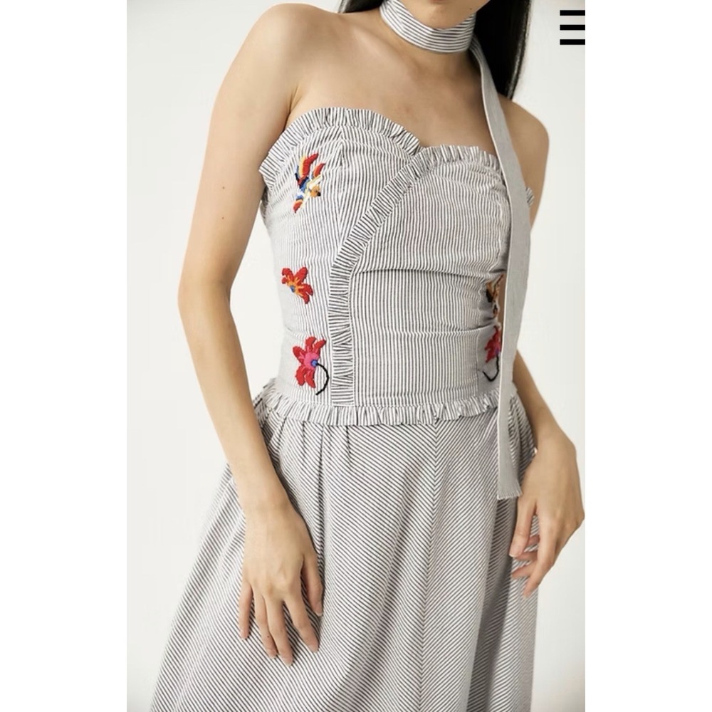 Tach Clothing Primavera Striped Dress Sz M Maxi Embroidered Floral Nautical